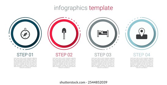 Set Compass, Shovel, Bed and Location for camping. Business infographic template. Vector