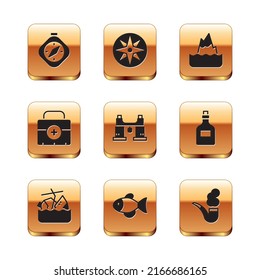 Set Compass, Sinking cruise ship, Fish, Binoculars, First aid kit, Iceberg, Smoking pipe and Wind rose icon. Vector