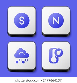 Set Compass south, north, Hail cloud and Thermometer icon. White square button. Vector