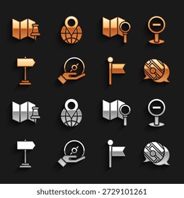 Set Compass, Stop sign, Infographic of city map navigation, Location marker, Road traffic, Search location, Folded with push pin and the globe icon. Vector