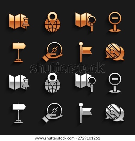 Set Compass, Stop sign, Infographic of city map navigation, Location marker, Road traffic, Search location, Folded with push pin and the globe icon. Vector