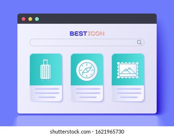 Set Compass, Suitcase for travel and Postal stamp and Mountains icon. Vector