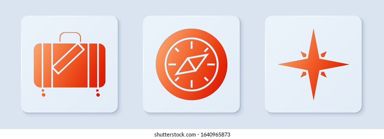 Set Compass, Suitcase for travel and stickers and Wind rose. White square button. Vector
