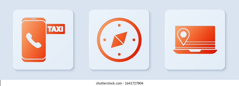 Set Compass, Taxi call telephone service and Laptop with location marker. White square button. Vector