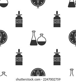 Set Compass, Test tube and flask chemical laboratory and Glass bottle with a pipette on seamless pattern. Vector