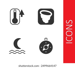 Set Compass, Thermometer, Night fog or smoke and Tornado icon. Vector
