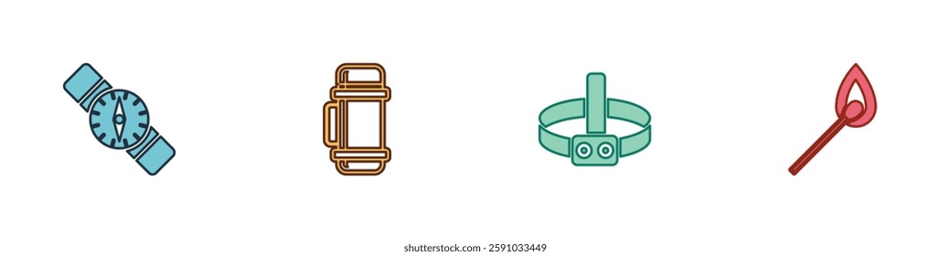 Set Compass, Thermos container, Head flashlight and Burning match with fire icon. Vector