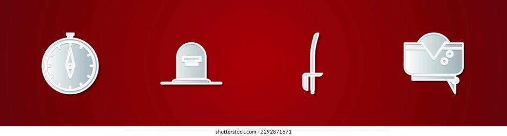 Set Compass, Tombstone with RIP written, Pirate sword and hat icon. Vector
