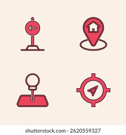 Set Compass, Traffic sign turn left, Location with house and Push pin icon. Vector