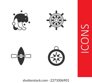 Set Compass, Tsunami, Kayak and paddle and Ship steering wheel icon. Vector