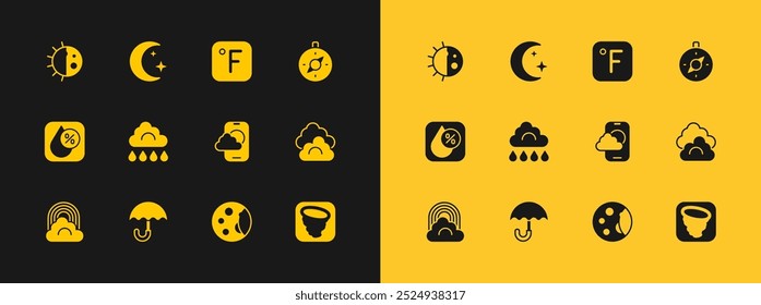 Set Compass, Umbrella, aplicativo de previsão do tempo, Fases da Lua, Nuvem com chuva, Fahrenheit, Ciclo noturno do dia e ícone de estrelas. Vetor