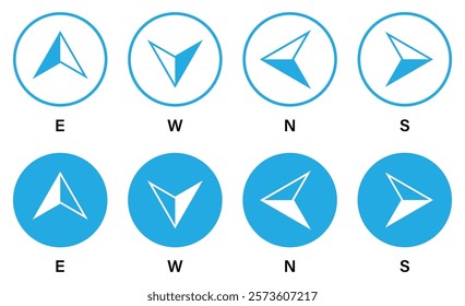 Set of compass vector icons in blue circle isolated on a white background. East, west, north, south arrow icon. Map direction. Silhouette and outline style. Flat style. Vector illustration.