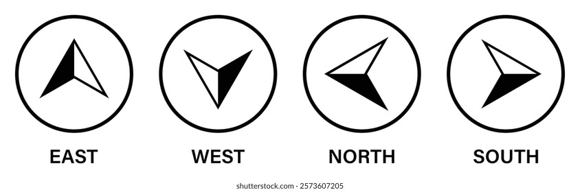 Set of compass vector icons isolated on a white background. East, west, north, south compass arrow icon. Map direction. Silhouette and outline design. Vector illustration.