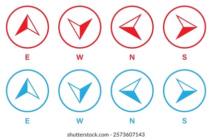 Set of compass vector icons in red and blue circle isolated on a white background. East, west, north, south. Map direction e, w, n, s. Outline style. Flat design. Vector illustration.