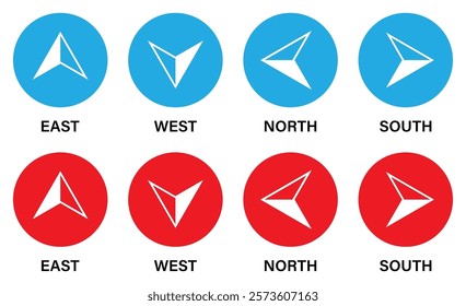 Set of compass vector icons in red and blue circle isolated on a white background. East, west, north, south. Map direction. Silhouette and flat style. Vector illustration.