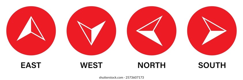 Set of compass vector icons in red circle isolated on a white background. East, west, north, south compass icons. Map direction. Silhouette and flat design. Vector illustration.