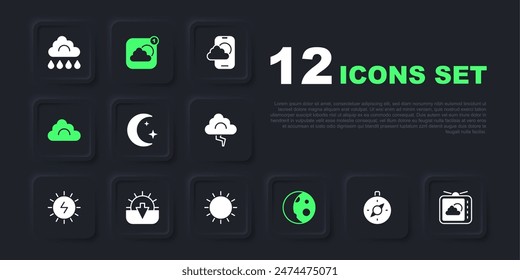Set Compass, Weather forecast, Moon and stars, phases, Cloud, Sunset, app and  icon. Vector