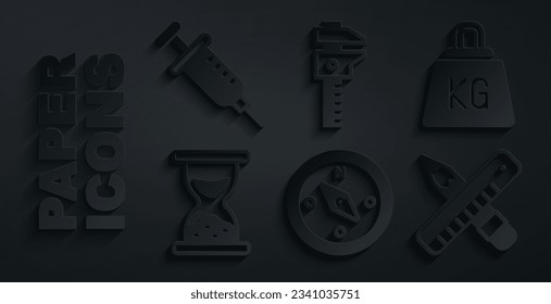 Ajuste la brújula, el peso, el vidrio de color antiguo con arena, el lápiz de regla cruzado, la escala de pinzas o pinzas de freno y el icono de la jeringa. Vector