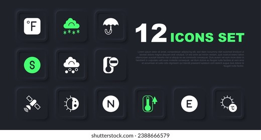 Establezca Compass west, Sun, Hail Cloud, Thermometer, South, Day night cycle, Cloud with snow y North icon. Vector