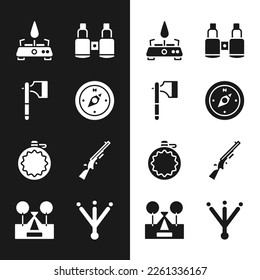 Set Compass, Wooden axe, Camping gas stove, Binoculars, Canteen water bottle, Shotgun, Bird footprint and Tourist tent icon. Vector