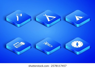 Set Compass, Wooden axe, Flashlight, Tourist tent and with flag icon. Vector