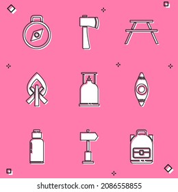 Set Compass, Wooden axe, Picnic table with benches, Campfire, Camping gas stove, Kayak or canoe, Canteen water bottle and Road traffic signpost icon. Vector