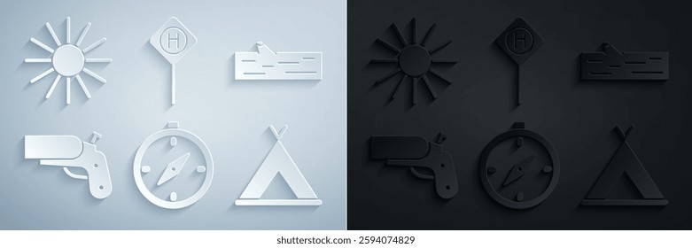 Set Compass, Wooden log, Flare gun pistol, Tourist tent, Parking and Sun icon. Vector