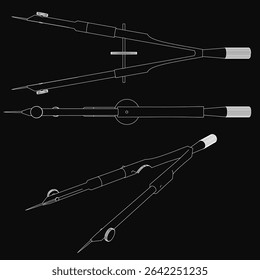 A set of compasses drawn in black and white on a dark background, featuring three distinct tool designs arranged symmetrically. The largest tool dominates the center, flanked by two smaller ones,.