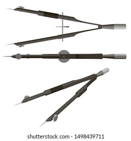Set with compasses. Top view, isometry. Measuring instruments. 3D. Vector illustration.