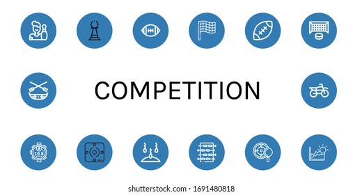 Set of competition icons. Such as Bowling, Pawn, American football, Race flag, Rugby, Hockey goal, Stopwatch, Focus, Sperm, Foosball, Target, Achievement, Canoe , competition icons