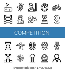 Reihe von Wettbewerbssymbole. Zum Beispiel Golf, Gewichtszunahme, Volleyball, Athlete, Billiard, Billard, Pool-Kickboard, Chronometer, Basketball, Bicycle, Rook, Podium, Paintball Pistole , Wettkampfsymbole