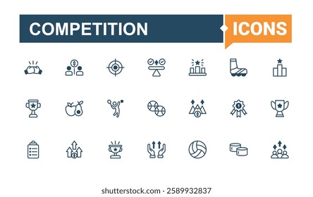 Set of Competition line icons. Contain linear outline icons race, tennis, team, run, champ, app and more. Icons for design. Vector outline and solid icons collection.