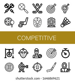 Set of competitive icons. Such as Darts, Target, Hockey stick, Hockey mask, Stopwatch, Shuttlecock, Darts target, Water polo, Fencer , competitive icons