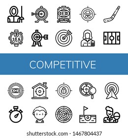 Set of competitive icons such as Fencer, Stopwatch, Target, Accountant, Hockey stick, Hockey pitch, Soccer player, Dart, Birdie, Table tennis , competitive