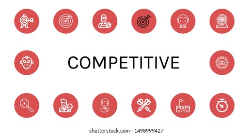 Set of competitive icons such as Target, Water polo, Soccer player, Darts, Table tennis, Birdie, Stopwatch, Hockey mask , competitive