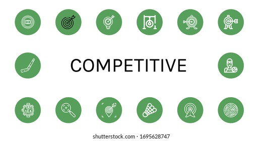 Set of competitive icons. Such as Target, Darts target, Stopwatch, Shuttlecock, Dart, Hockey stick, Water polo , competitive icons