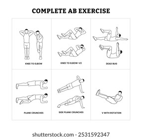 Set of complete abs exercise step by step guide for a home workout poster design, ABS workout for men. Sport exercise for perfect abs. Fit body and healthy lifestyle tutorial. Muscle training. 