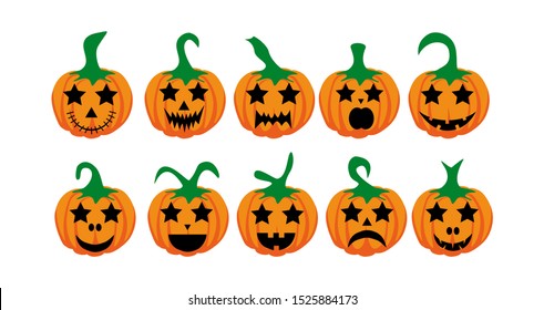 Set complete Pumpkin. Orange pumpkin with white background for your design for the Halloween holiday. The main symbol of the Happy Halloween holiday. Vector illustration.