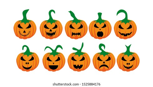 Set complete Pumpkin. Orange pumpkin with white background for your design for the Halloween holiday. The main symbol of the Happy Halloween holiday. Vector illustration.