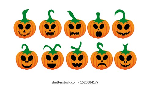 Set complete Pumpkin. Orange pumpkin with white background for your design for the Halloween holiday. The main symbol of the Happy Halloween holiday. Vector illustration.
