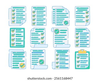 Set of complete task icons featuring documents with checkmarks, representing completion, approval, and organization. Ideal for productivity, planning, or checklist-themed designs.