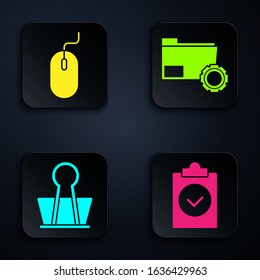Set Completed task, Computer mouse, Binder clip and Folder settings with gears. Black square button. Vector