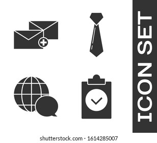 Set Completed task, Envelope, World map made from speech bubble and Tie icon. Vector