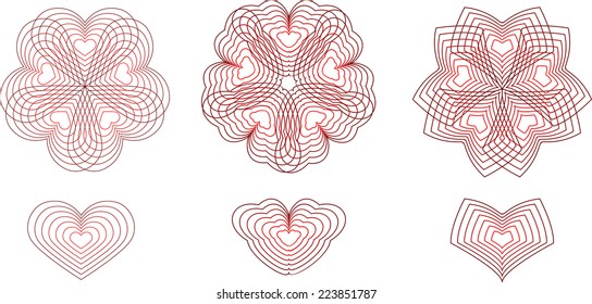 The set of complex abstract flowers with petals in the form of hearts of lines
