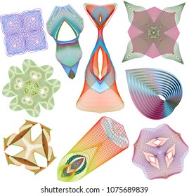 A set of complex guilloche elements with multi-layered colored mesh waves to display curved moire patterning.