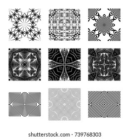 A set of complex monochrome vector geometric patterns. Seamless backgrounds to help design inspiration. Abstract drawings of repeated square elements.