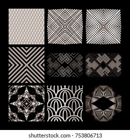 A set of complex monochrome vector geometric patterns. Seamless backgrounds to help design inspiration. Abstract drawings of repeated square elements.
