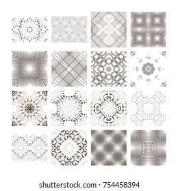 A set of complex monochrome vector geometric patterns. Seamless backgrounds to help design inspiration. Abstract drawings of repeated square elements.