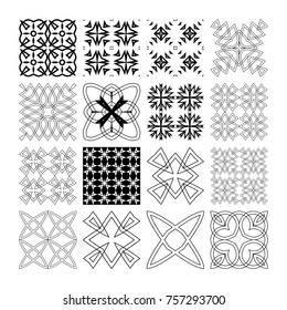 A set of complex monochrome vector geometric patterns. Seamless backgrounds to help design inspiration. Abstract drawings of repeated square elements.