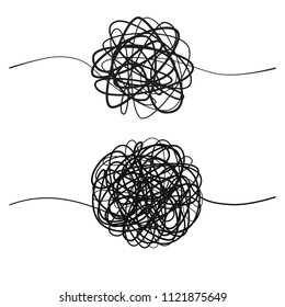 Set of complicated black line way.  Hand drawn tangle of tangled thread. Sketch spherical abstract scribble shape. Vector illustration isolated on white background